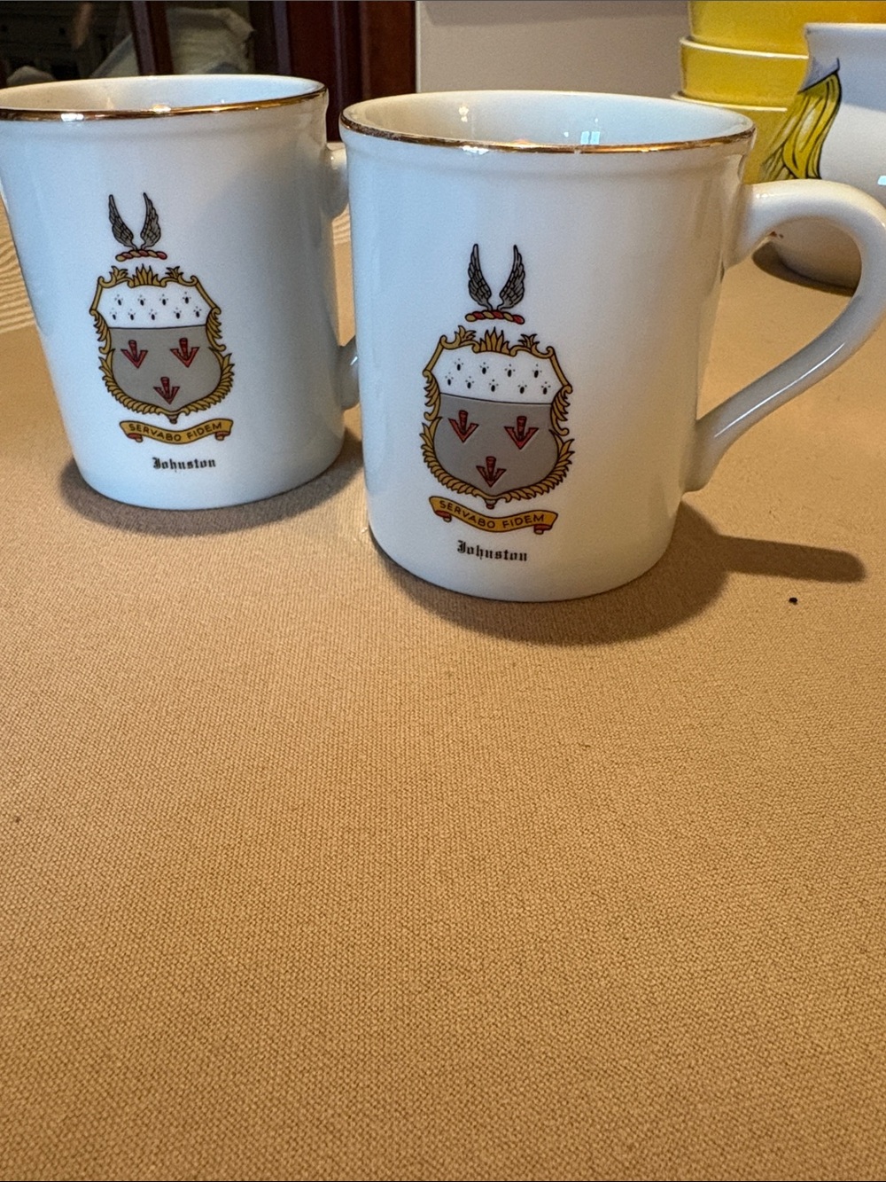 White Porcelain Johnston Crest Mugs with Gold Trim - Set of 2